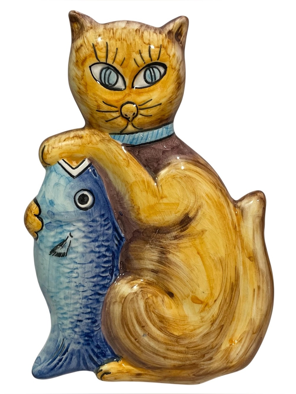 Vintage 1990s Signed Cera'Gueda Portugal Hand Painted Cat and Fish Wall Plaque